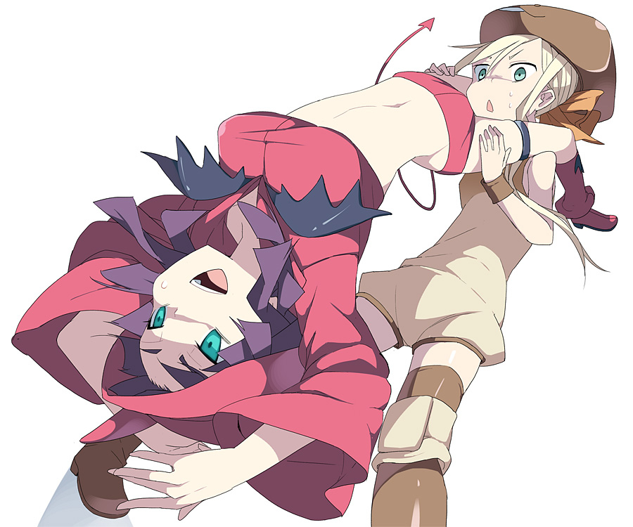 2girls, catfight, frankensteiner, midriff, multiple_girls, sweat, sweatdrop, tagme