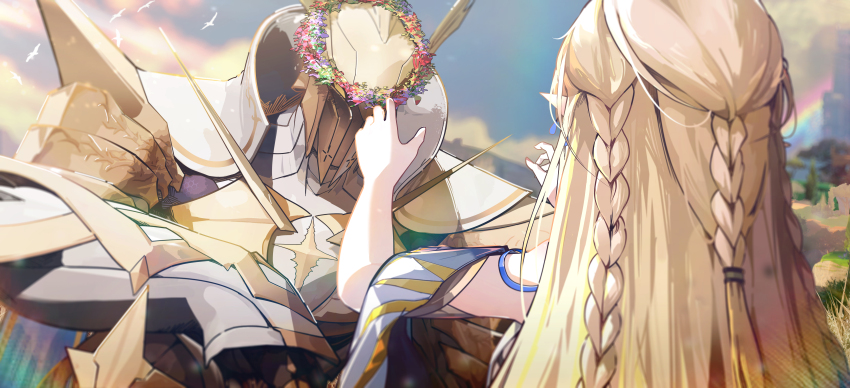 1girl, 1other, absurdres, armor, blonde_hair, blue_sky, braid, capitaneus_(wuthering_waves)