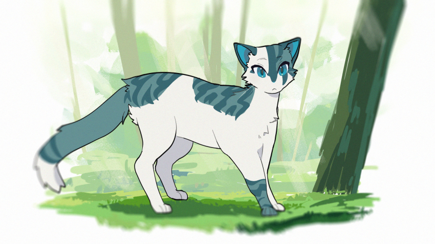 animal, animal_focus, blue_eyes, cat, commentary, grass, highres, ivypool, looking_at_viewer, minamia23, no_humans, omen_of_the_stars, outdoors, solo, standing, tail, tree, warrior_cats, whiskers, white_cat