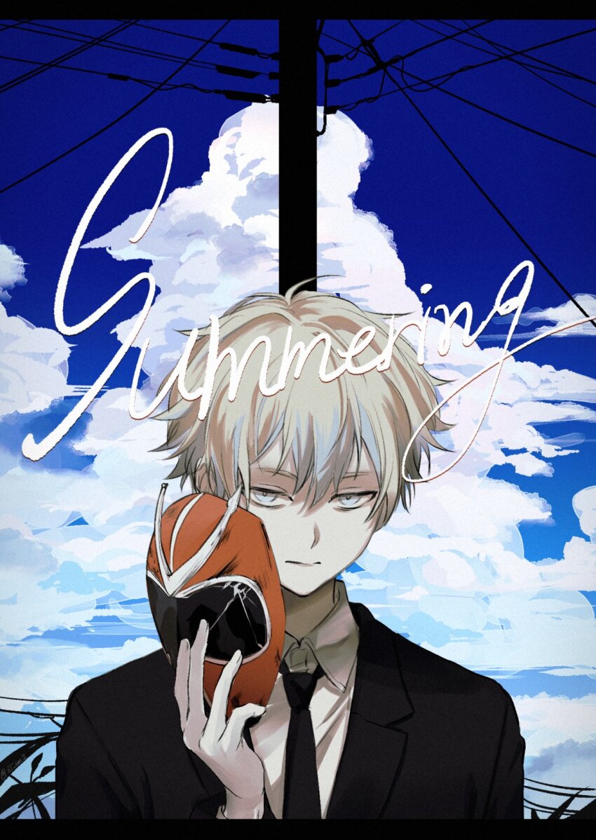 1boy, 65_tm2, blonde_hair, blue_eyes, blue_hair, highres, holding, holding_mask