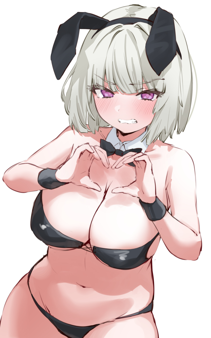 1girl, absurdres, angry, animal_ears, bikini, black_bikini, black_bow, black_bowtie, blush, bow, bowtie, breasts, cleavage, clenched_teeth, detached_collar, embarrassed, fake_animal_ears, heart, heart_hands, highres, kakosu, large_breasts, murderess, navel, purple_eyes, rabbit_ears, swimsuit, teeth, white_hair, wrist_cuffs, xenoblade_chronicles_(series), xenoblade_chronicles_x