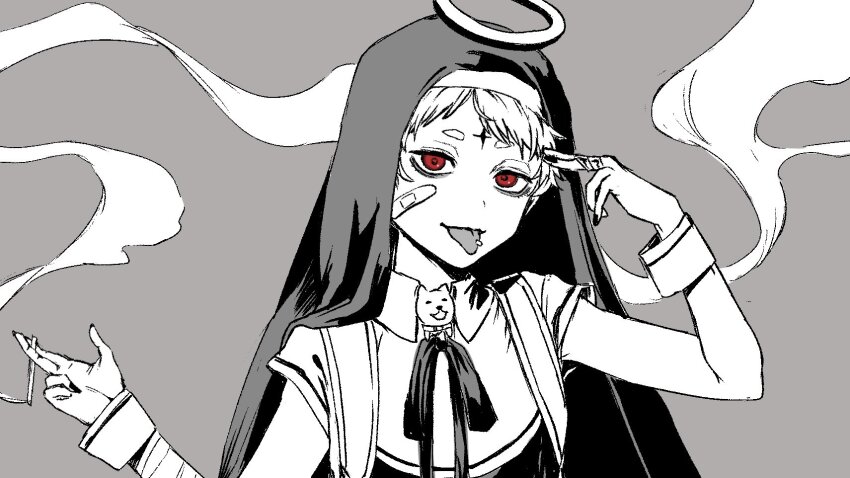1boy, bandages, bandaid, cigarette, finger_gun, finger_gun_to_head, grey_background, halo, highres, holding, holding_cigarette, indie_utaite, kamippoina_(vocaloid), nun, piercing, purple_excite, red_eyes, short_hair, smoke, tongue, tongue_out, tongue_piercing, un-c_(utaite), utaite, white_hair