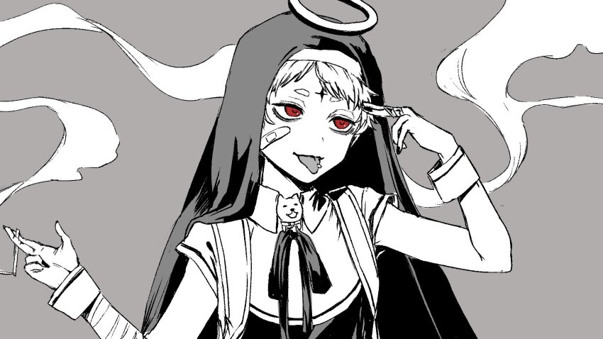 1boy, bags_under_eyes, bandages, bandaid, cigarette, finger_gun, finger_gun_to_head, grey_background, halo, highres, holding, holding_cigarette, indie_utaite, kamippoina_(vocaloid), nun, piercing, purple_excite, red_eyes, short_hair, smoke, tongue, tongue_out, tongue_piercing, un-c_(utaite), utaite, white_hair