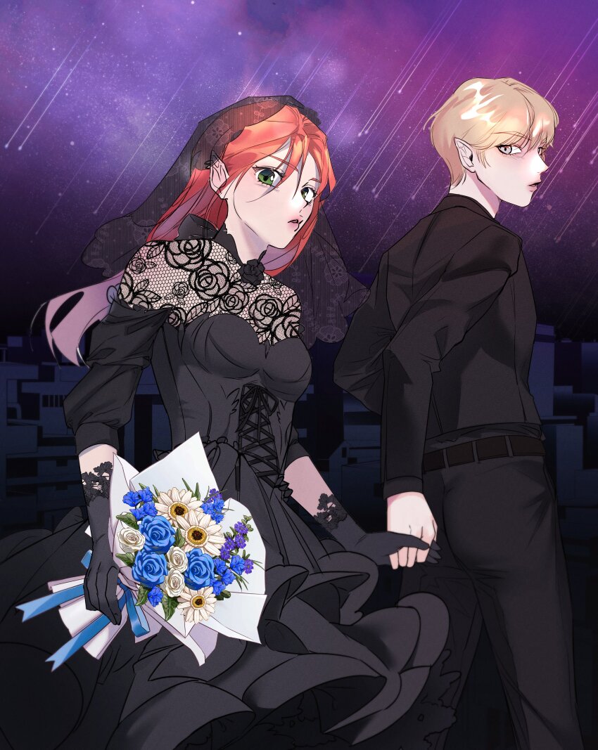 1boy, 1girl, absurdres, belt, black_dress, black_gloves, black_pants, black_shirt