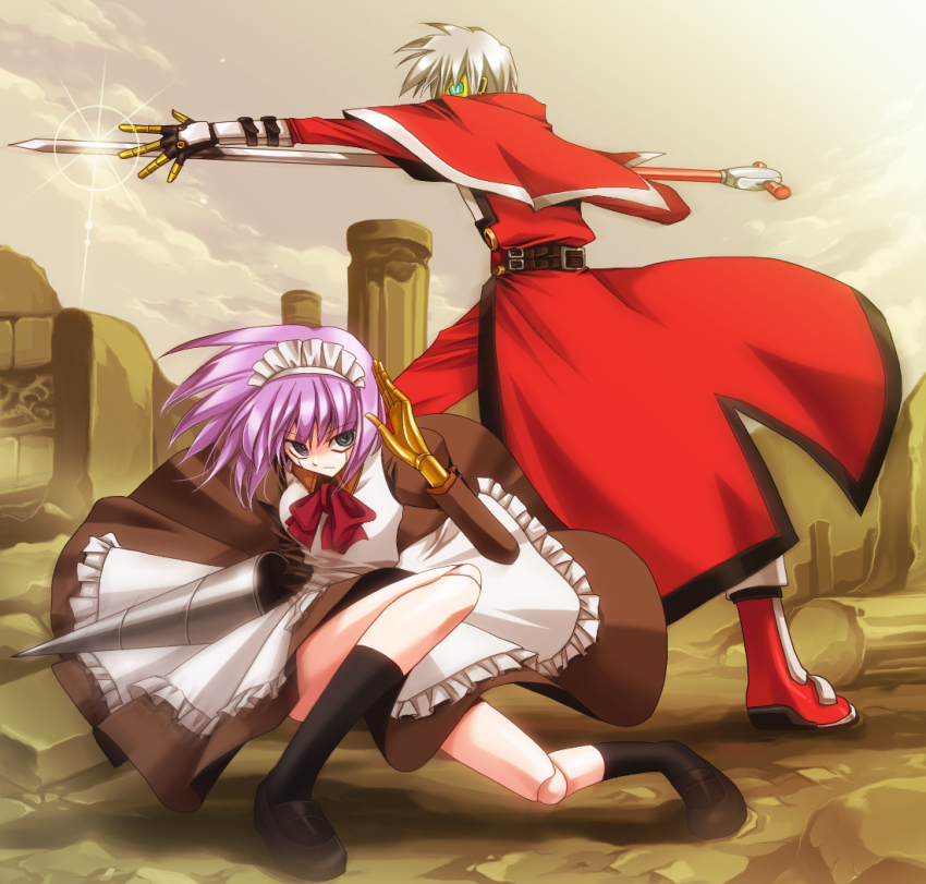 1boy, 1girl, apron, black_shoes, blue_eyes, brown_dress, brown_sky, capelet, clothed_robot, cloud, cloudy_sky, crossover, dress, drill, dynamic_pose, guilty_gear, guilty_gear_isuka, holding, holding_sword, holding_weapon, joints, kneeling, looking_at_viewer, looking_to_the_side, m.u.g.e.n, maid, maid_apron, maid_headdress, mecha_hisui, mechanical_hands, melty_blood, pink_hair, readying_weapon, red_capelet, robo-ky, robo-ky_ii, robot, robot_joints, ruins, shoes, short_hair, sky, stone_pillar, sword, tsukihime, warlock_(nova), weapon