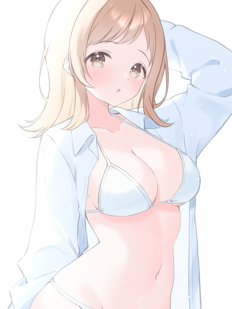 :o, arm_behind_head, arm_up, bikini, blush, breasts, brown_hair, commentary_request