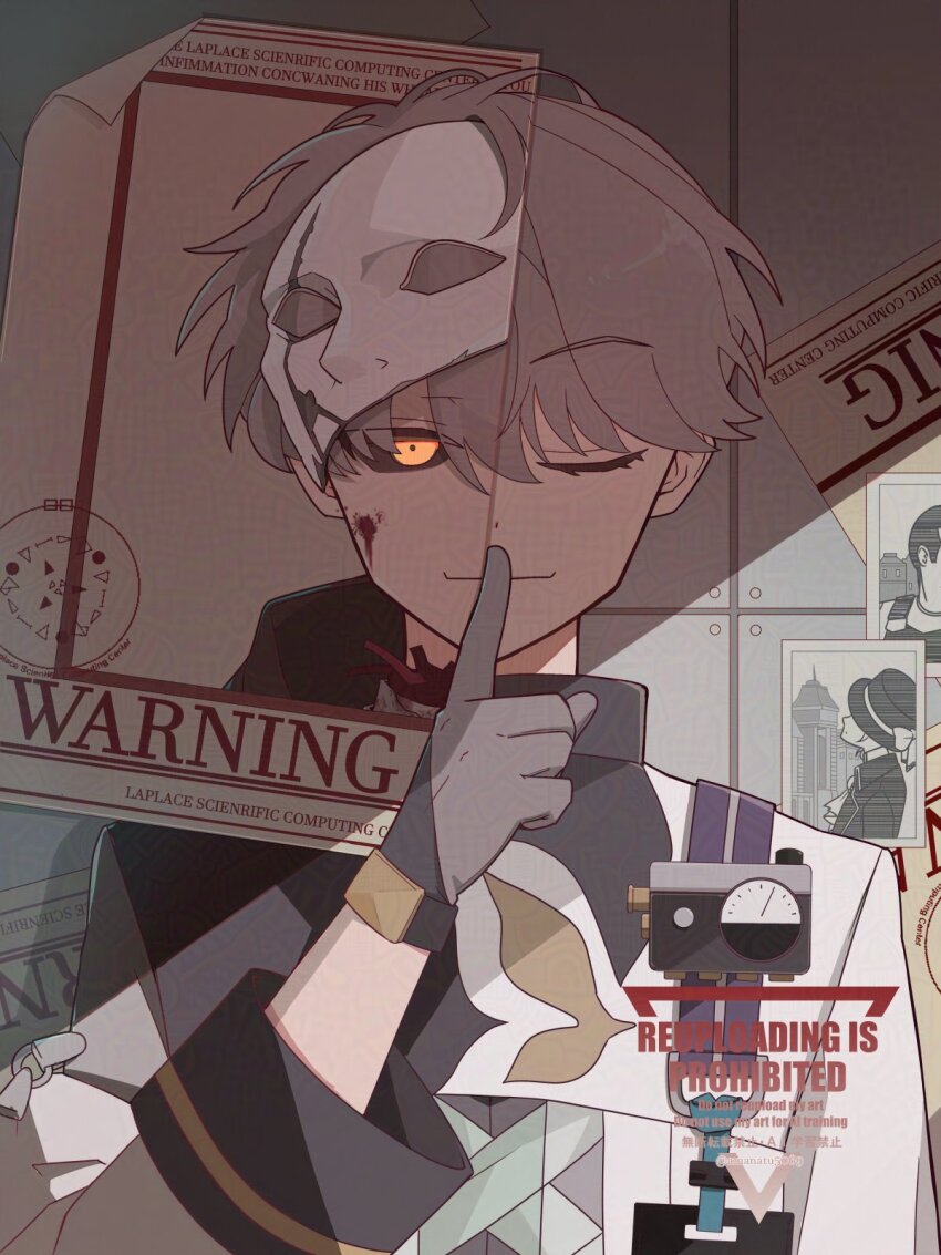 1boy, ;), amanatsu_(amanatu5069), black_sclera, blood, blood_on_face, coat, colored_sclera