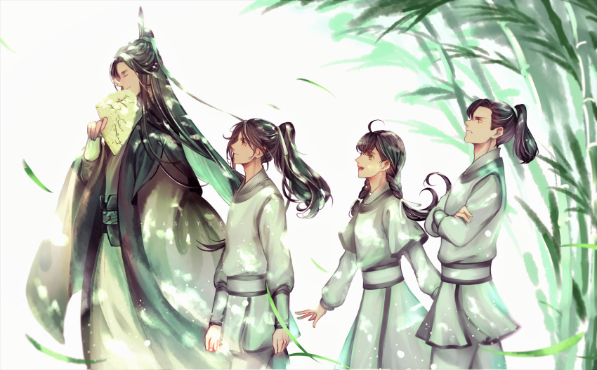 1girl, 3boys, arms_at_sides, artist_name, bamboo, black_hair, brown_eyes, chinese_clothes