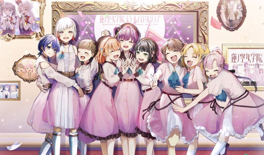 6+girls, :d, ^_^, absurdres, anyoji_hime, anyoji_hime_(winter_casual), arms_behind_back, bare_shoulders, beret, black_dress, black_hair, black_pants, black_pantyhose, black_scarf, black_skirt, blonde_hair, blue_eyes, blue_hair, blue_hairband, blue_ribbon, blunt_bangs, blunt_ends, blunt_sidelocks, blush, bob_cut, boots, border, braid, brown_coat, brown_hair, brown_hat, brown_jacket, center-flap_bangs, cerise_bouquet, closed_eyes, closed_mouth, clothing_cutout, coat, colored_inner_hair, commentary, crying, curtained_hair, doll, dream_believers, dress, fang, feet_out_of_frame, flower, flower_hands, flower_hands_trio, fujishima_megumi, fujishima_megumi_(winter_casual), fur-trimmed_jacket, fur_trim, gradient_hair, green_eyes, grey_sweater, group_hug, group_pose, hair_bun, hair_flower, hair_ornament, hair_ribbon, hairband, hashtag-only_commentary, hat, highres, hinoshita_kaho, hinoshita_kaho_(winter_casual), hood, hoodie, hug, inverted_bob, ishikawa_prefecture, jacket, japanese_clothes, kachimachi_kosuzu, kachimachi_kosuzu_(winter_casual), kanazawa_(city), kanazawa_station, key_of_like!, kimono, knee_boots, kneehighs, ladybug_(love_live!), link!_like!_love_live!, link_to_the_future_(love_live!), long_hair, long_sleeves, looking_at_viewer, love_live!, love_live!_victory_flag, low_twintails, medium_dress, medium_hair, memory_kosei, miniskirt, mira-cra_park!, momose_ginko, momose_ginko_(winter_casual), multicolored_hair, multiple_girls, murano_sayaka, murano_sayaka_(winter_casual), official_alternate_costume, omicho_market, open_clothes, open_coat, open_jacket, open_mouth, orange_scarf, osawa_rurino, osawa_rurino_(winter_casual), otomune_kozue, otomune_kozue_(winter_casual), pants, pantyhose, photo_background, picture_frame, pinafore_dress, pink_coat, pink_dress, pink_eyes, pink_flower, pink_hair, plaid_clothes, plaid_skirt, pleated_skirt, purple_hair, purple_kimono, red_eyes, red_flower, red_hair, red_skirt, ribbon, scarf, short_hair, short_sleeves, shoulder_cutout, side_braids, side_ponytail, sidelocks, single_side_bun, skin_fang, skirt, sleeveless, sleeveless_dress, smile, socks, standing, streaked_hair, sweater, tassel, tassel_hair_ornament, turtleneck, turtleneck_sweater, twintails, two_side_up, v, v-shaped_eyebrows, virtual_youtuber, wavy_mouth, white_boots, white_border, white_coat, white_hair, white_hairband, white_hoodie, white_jacket, white_socks, white_sweater, yugiri_tsuzuri, yugiri_tsuzuri_(winter_casual)