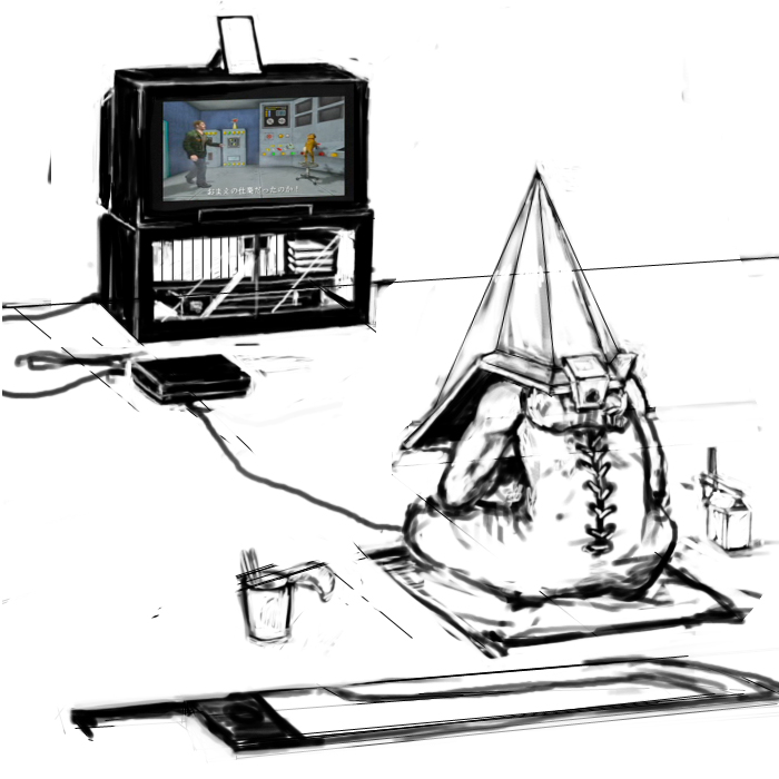 8_(eight), chopsticks, cushion, dog, drink, fake_screenshot, game_console, instant_cup_noodles, instant_noodles, james_sunderland, knife, male_focus, mira_(silent_hill), no_humans, playing_games, playing_video_games, playstation_2, pyramid_head, silent_hill, silent_hill_(series), silent_hill_2, sitting, spoilers, television