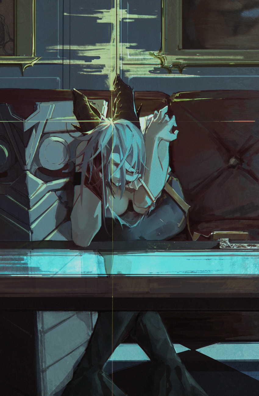 1girl, absurdres, arm_strap, black_horns, black_pants, breasts, cleavage, commentary, couch, crossed_legs, curled_horns, elbow_rest, emu2046, english_commentary, film_grain, grey_hair, hand_to_head, hand_up, head_rest, highres, horns, indoors, large_breasts, leaning_forward, necktie, necktie_around_wrists, on_couch, pants, picture_frame, red_necktie, revision, shield, shirt, sitting, solo, table, torn_clothes, torn_shirt, white_shirt, wuthering_waves, zani_(wuthering_waves)