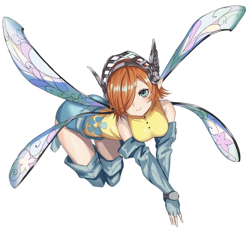 1girl, alternate_breast_size, bare_shoulders, blue_boots, blue_eyes, blue_gloves, boots, breasts