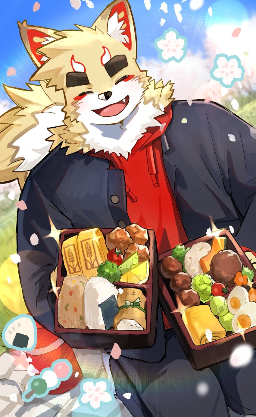 1boy, absurdres, animal_ears, bento, black_coat, black_pants, cherry_blossoms, closed_eyes