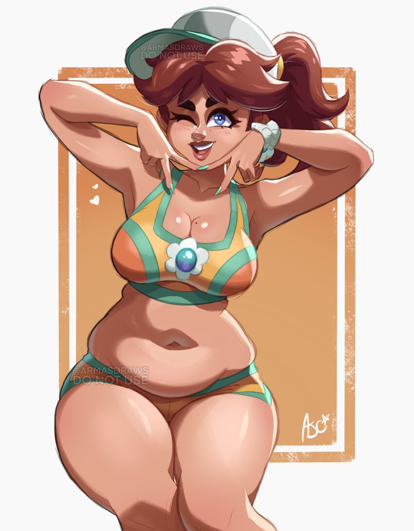 1girl, absurdres, armasdraws, belly, blue_eyes, breasts, brown_hair, cleavage, crop_top, hat, highres, large_breasts, mario_(series), mario_kart, mario_kart_world, mole, mole_on_breast, nail_polish, nintendo, one_eye_closed, plump, ponytail, princess_daisy, princess_daisy_(swimwear)_(mario_kart_world), shorts, solo, thighhighs, thighs, wristband