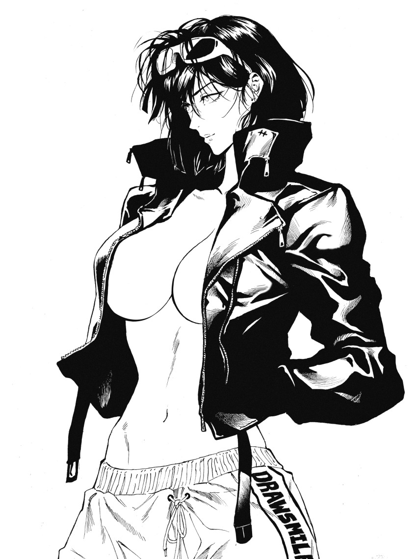 1girl, absurdres, bob_cut, breasts, eyewear_on_head, fubuki_(one-punch_man), greyscale, highres