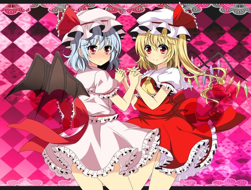 2girls, ascot, bad_id, bad_pixiv_id, bat_wings, blonde_hair, blue_hair, checkered_background