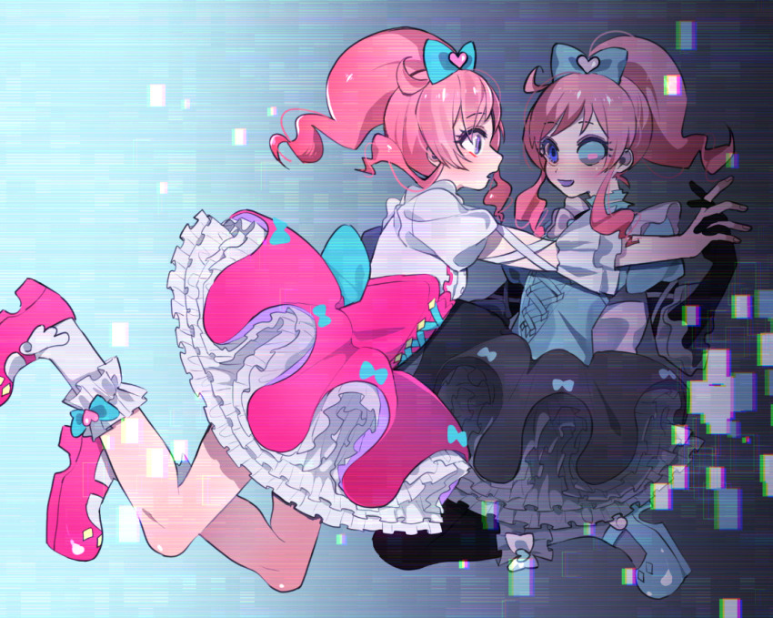 2girls, back_bow, black_dress, black_skin, blue_bow, blue_eyes, bow, bow_legwear