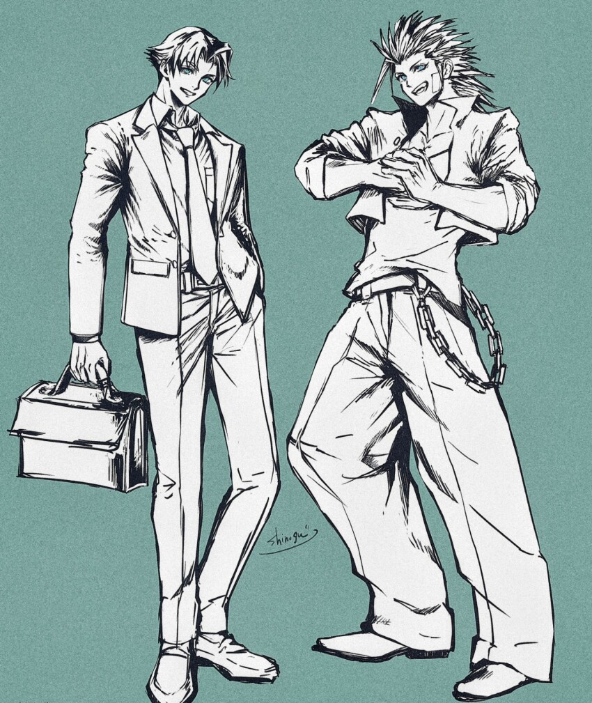 2boys, angeal_hewley, angeal_hewley_(shinra_private_academy), aqua_background, aqua_eyes, artist_name, baggy_pants, bandaid