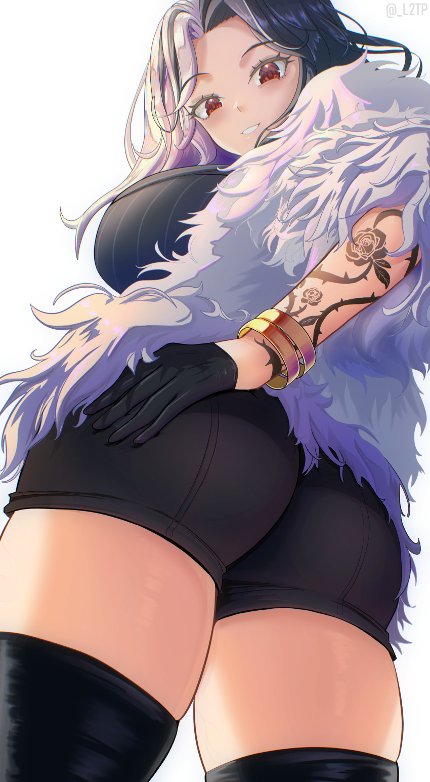 1girl, absurdres, ass, ass_focus, black_hair, black_shorts, breasts, from_behind, from_below, fur_boa, gloves, goddess_of_victory:_nikke, grin, highres, huge_ass, l2tp, large_breasts, long_hair, looking_at_viewer, looking_down, multicolored_hair, red_eyes, rosanna_(nikke), short_shorts, shorts, sideboob, smile, solo, tattoo, thick_thighs, thighhighs, thighs, two-tone_hair, white_hair