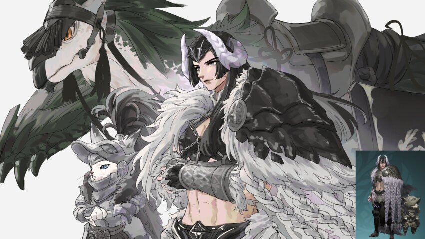 1girl, abs, arkveld, arkveld_(armor), armor, black_hair, blue_eyes, breasts