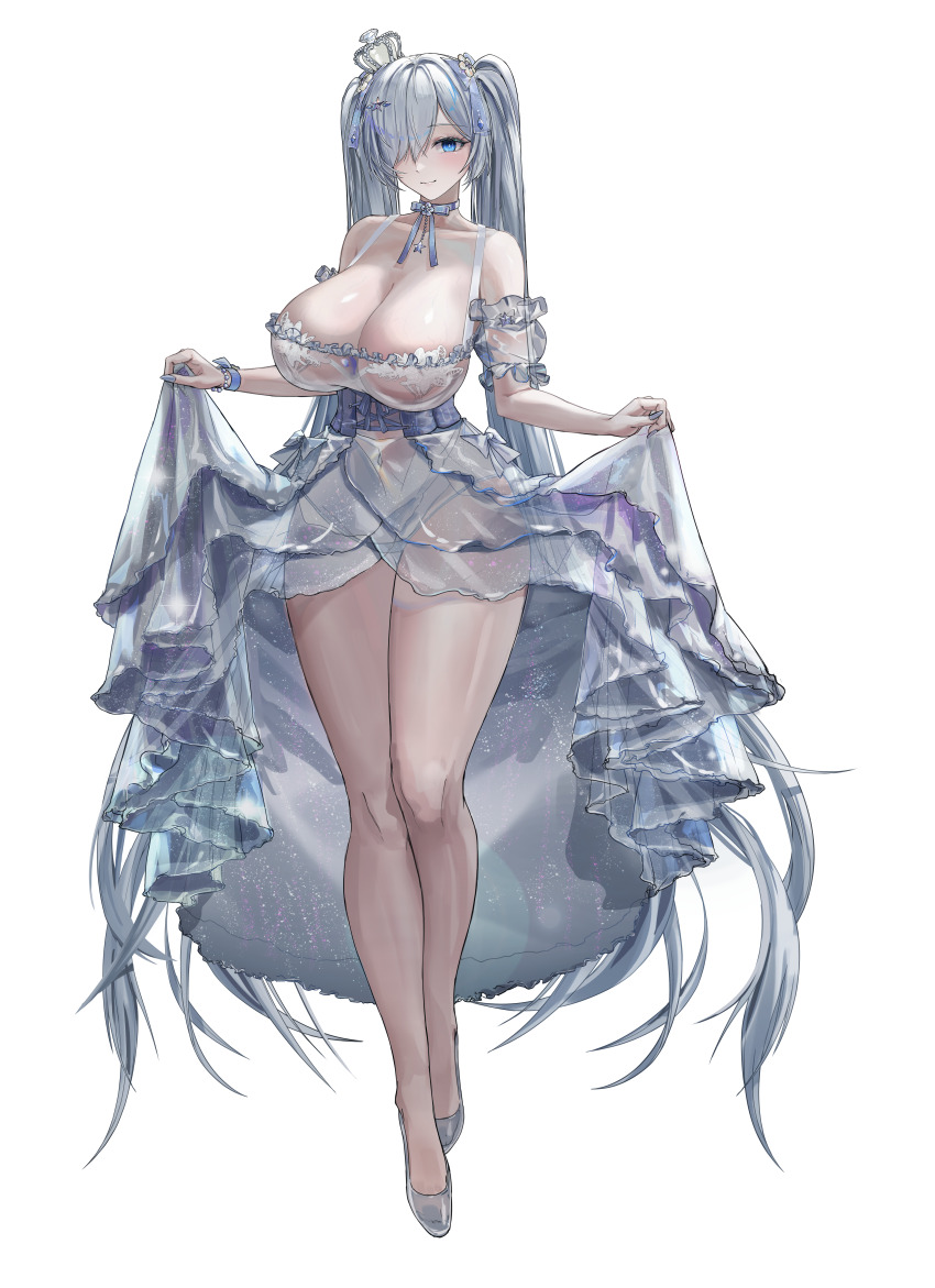 1girl, absurdres, arm_cuffs, bare_shoulders, breasts, cinderella_(glass_princess)_(nikke), cinderella_(nikke), cleavage, closed_mouth, clothes_lift, crown, disgustingtokki, dress, dress_lift, full_body, glass_slipper, goddess_of_victory:_nikke, grey_nails, hair_over_one_eye, high-low_dress, highres, holding_own_dress, huge_breasts, lifting_own_clothes, long_hair, mini_crown, official_alternate_costume, panties_visible_through_clothes, see-through_clothes, see-through_dress, see-through_footwear, simple_background, smile, solo, thick_thighs, thighs, veins, veiny_breasts, very_long_hair, white_background, wide_hips