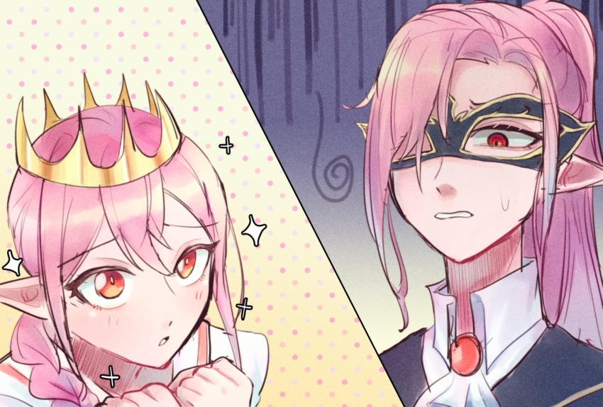 2boys, androgynous, animification, ascot, ay_linn92, bishounen, blush, braid, brooch, chinese_commentary, commentary_request, creator_connection, crown, dream_smp, gold_crown, highres, humanization, in-franchise_crossover, jewelry, long_hair, male_focus, mask, masquerade_mask, minecraft_youtube, multiple_boys, open_mouth, pink_hair, pleading_eyes, pointy_ears, ponytail, red_eyes, shirt, single_braid, sir_billiam_iii, sparkle, sweatdrop, tales_from_the_smp, technoblade, trap, upturned_eyes, white_ascot, white_shirt