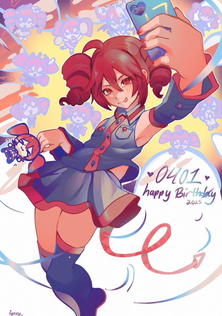 >_<, 2025, :3, ahoge, birthday, black_boots, black_bow, black_dress, black_necktie, black_shirt, black_shoes, black_skirt, black_sleeves, black_thighhighs, blush, blush_stickers, boots, bow, bowtie, breast_pocket, brown_cardigan, buttons, cardigan, cellphone, cheerleader, cloud, collared_shirt, copyright_request, crying, dark_skin, dated, detached_sleeves, dress, dress_shirt, drill_hair, dual_persona, explosion, explosion_background, feet_out_of_frame, grey_jacket, grey_skirt, hair_between_eyes, hands_up, happy_birthday, hat, highres, holding, holding_mini_person, holding_phone, ianxy2, igaku_(utau), jacket, kasane_teto, kasane_teto_(halloween), kasane_teto_(sv), kasane_teto_(utau), kepi, leaning_back, liar_dancer_(synthesizer_v), long_hair, machine_love_(synthesizer_v), magical_miracle_metagalphose_(synthv), mesmerizer_(vocaloid), midriff_peek, military_hat, mini_person, necktie, no_fingers, open_mouth, phone, pocket, pom_pom_(cheerleading), red_bow, red_bowtie, red_eyes, red_hair, shirt, shoes, shoulder_belt, skirt, sleeveless, sleeveless_shirt, smartphone, smile, song_request, sunglasses, synthesizer_v, taking_picture, thigh_boots, thighhighs, tongue, tongue_out, twin_drills, utau, white_shirt, wing_collar