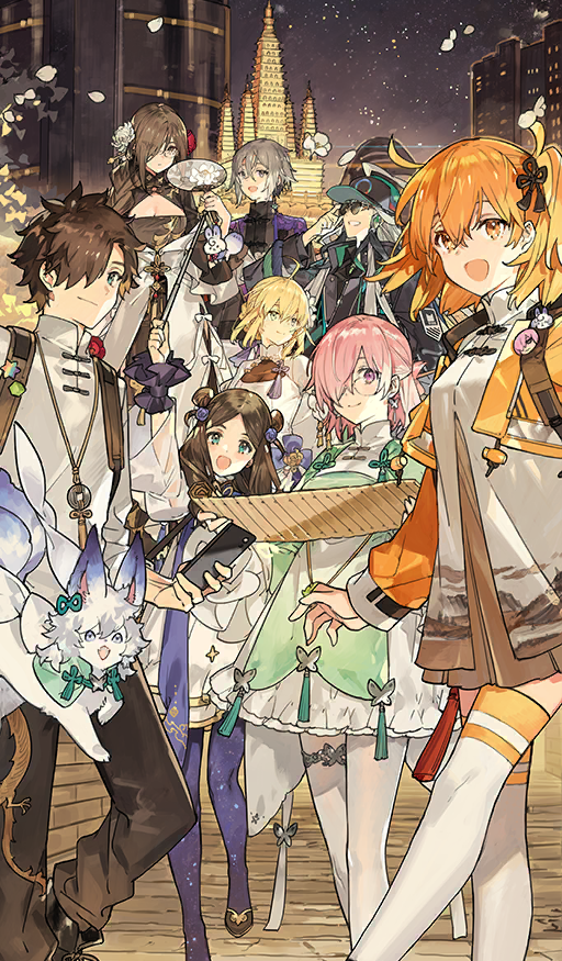 3boys, 5girls, :d, adjusting_eyewear, ahoge, androgynous, artoria_pendragon_(fate), backpack