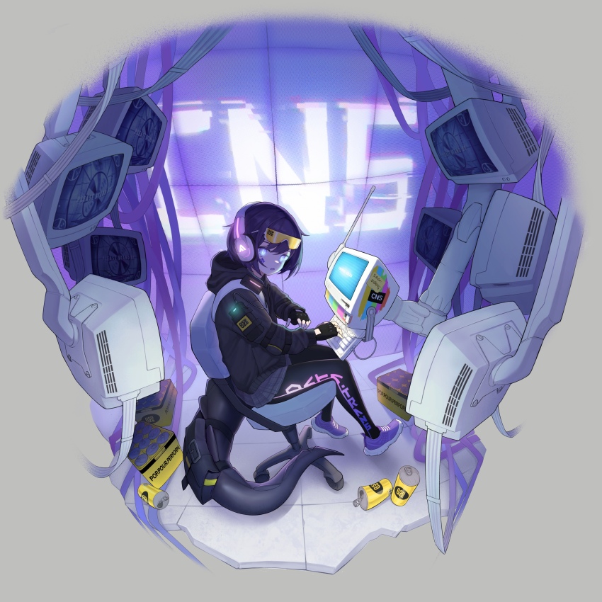 1girl, absurdres, antennae, black_gloves, black_hair, black_hoodie, black_pantyhose, black_tail