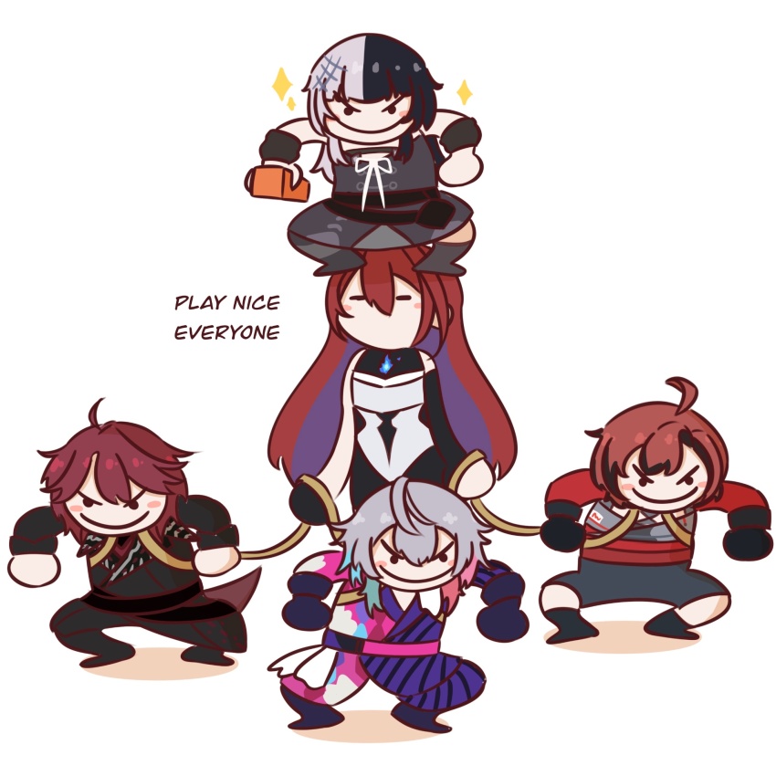 2girls, 3boys, ahoge, black_dress, black_gloves, black_hair, blue_fire, blue_hair