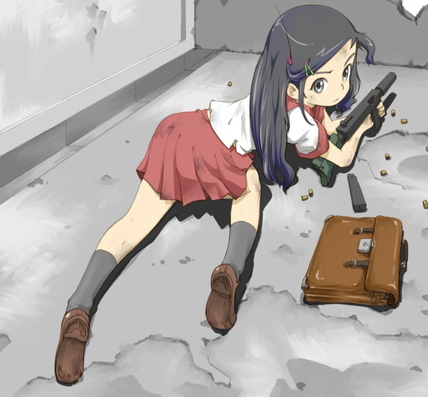 1girl, all_fours, bag, black_eyes, black_hair, child, dirty, female_focus