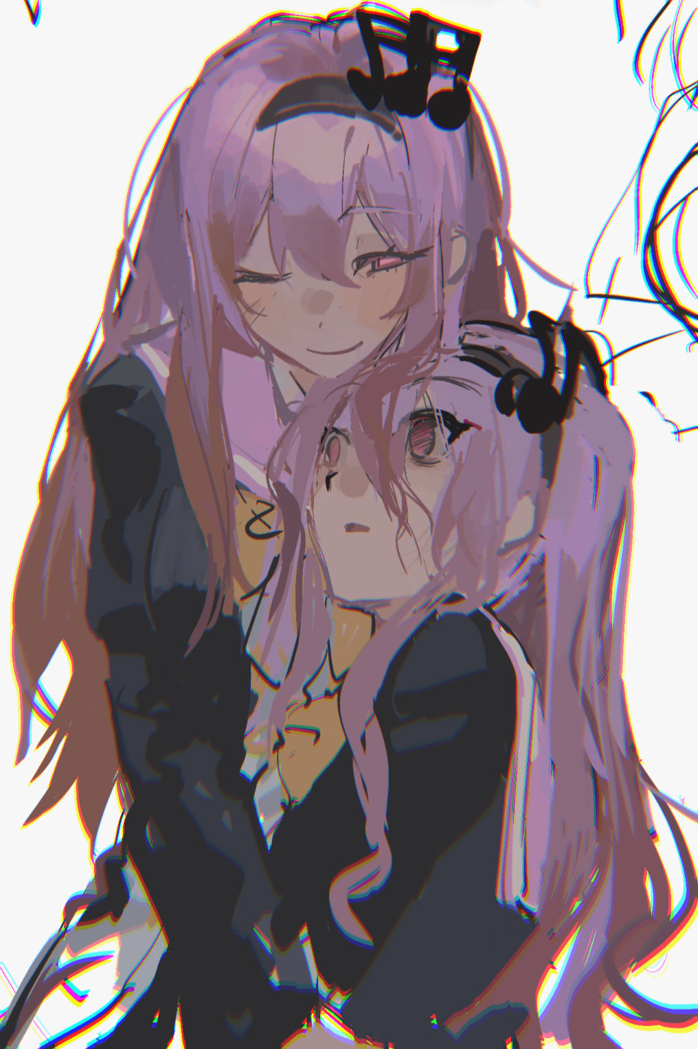 2girls, ;), black_hairband, black_jacket, bow, bowtie, chinese_commentary, chromatic_aberration