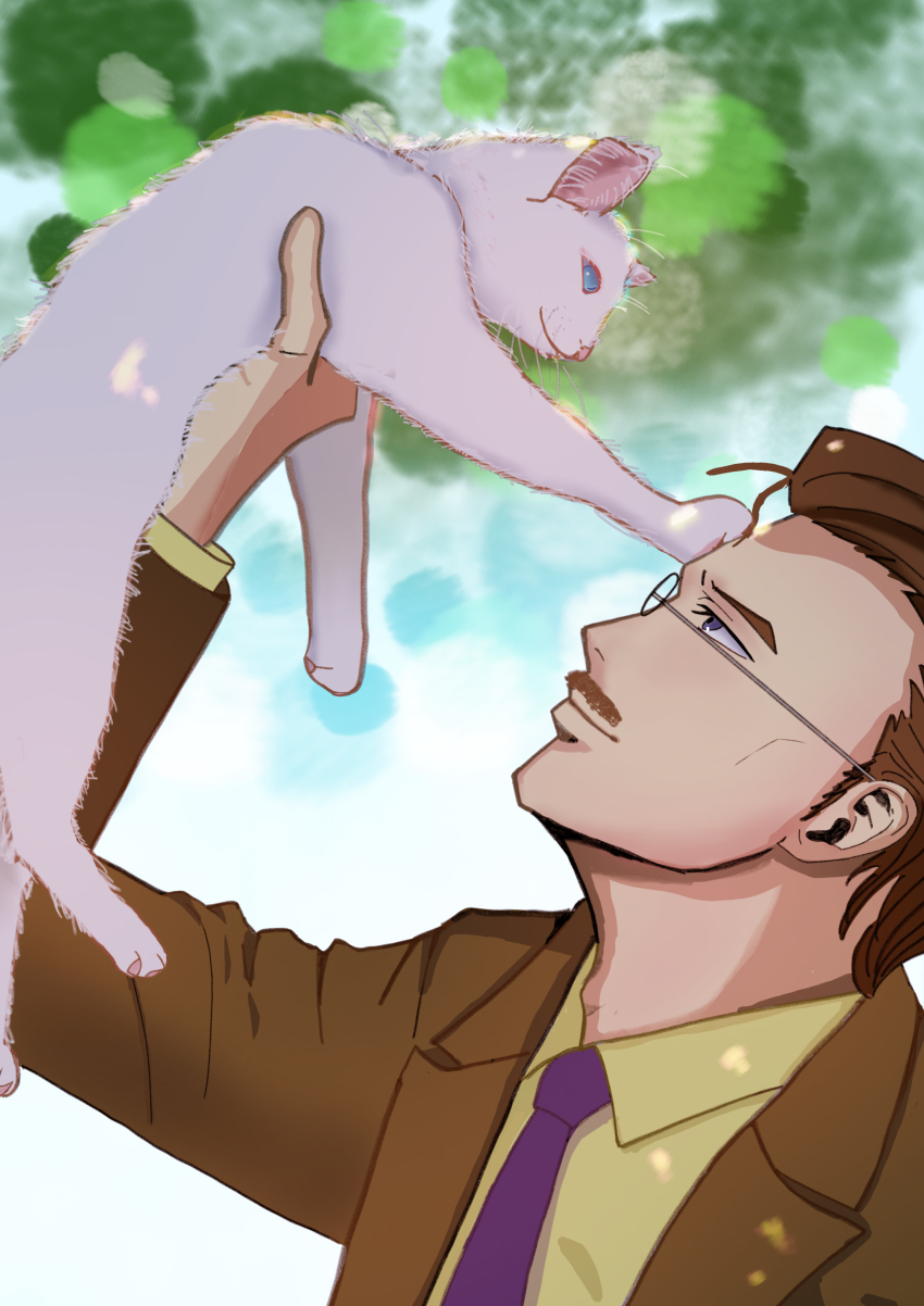 1boy, 3dlo_ocin, absurdres, adam's_apple, amanohashi_ikkaku, animal, blue_eyes, brown_hair, brown_jacket, cat, cheekbones, day, eye_contact, facial_hair, glasses, highres, holding, holding_animal, holding_cat, jacket, looking_at_another, male_focus, mustache, necktie, outdoors, purple_eyes, purple_necktie, shirt, solo, tokimeki_memorial, tokimeki_memorial_girl's_side, upper_body, yellow_shirt
