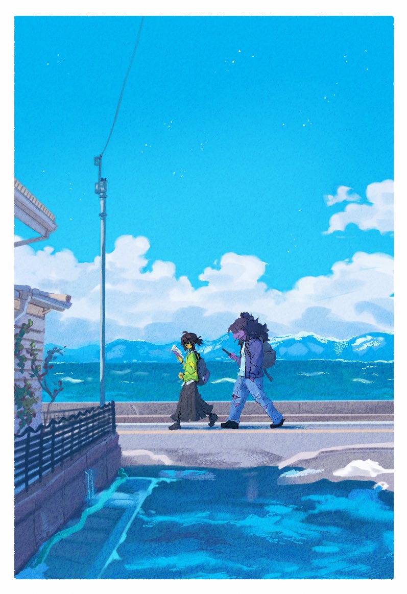 1girl, 1other, backpack, bag, black_skirt, blue_pants, blue_sky, book