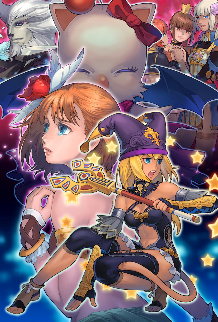 1boy, 5girls, bare_shoulders, black_gloves, blonde_hair, blue_eyes, breasts, brown_hair