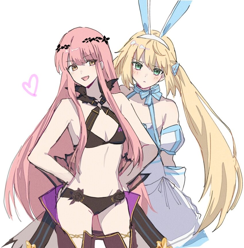 2girls, animal_ears, apron, arms_behind_back, artoria_caster_(fate), artoria_caster_(swimsuit_berserker)_(second_ascension)_(fate), artoria_pendragon_(fate), bikini