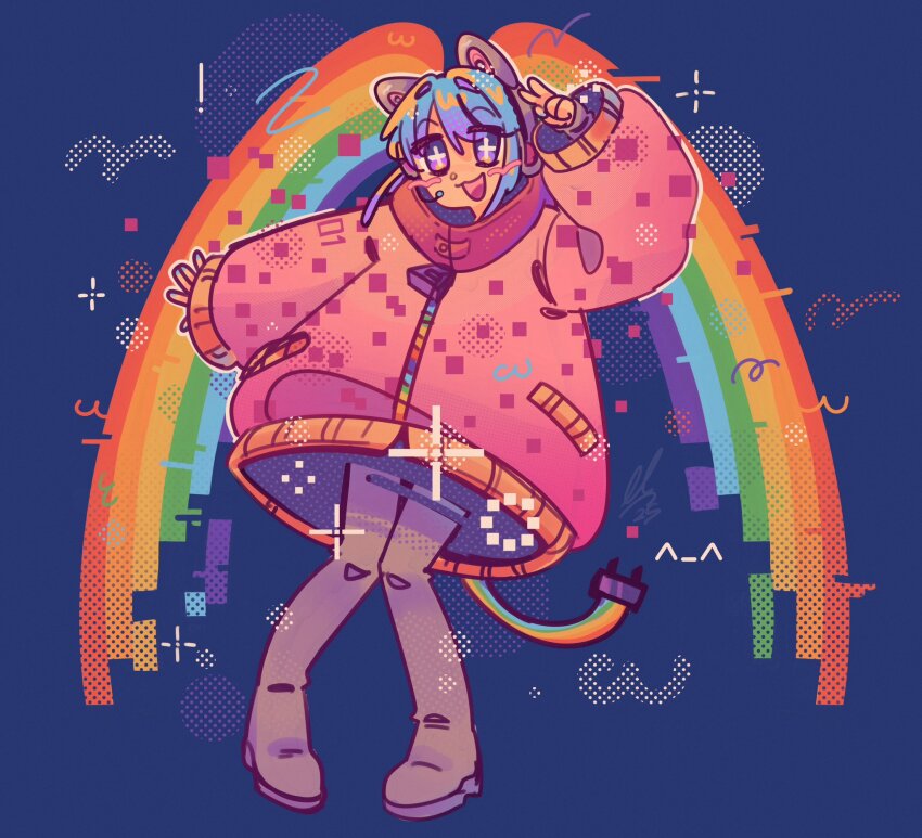 animal_ear_headphones, animal_ears, aqua_hair, aqua_nails, boots, cat_ear_headphones, cat_ears, fake_animal_ears, hatsune_miku, headphones, headset, highres, laujita, long_hair, multicolored_hair, nail_polish, nyan_cat, oversized_clothes, pixels, rainbow_hair, sparkling_eyes, twintails, v, very_long_hair, vocaloid