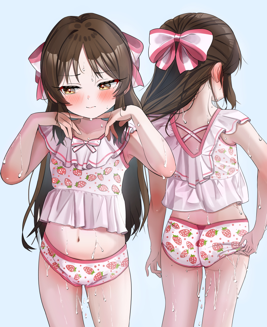 1girl, absurdres, adjusting_clothes, adjusting_swimsuit, ass, bikini, blue_background, blush, brown_hair, commentary_request, cowboy_shot, fella_(vpffk0731), food_print, fruit_print, half_updo, highres, huge_filesize, idolmaster, idolmaster_cinderella_girls, jojifuku, loli, long_hair, looking_to_the_side, midriff, multiple_views, navel, simple_background, standing, stomach, strawberry_print, swimsuit, tachibana_arisu, very_long_hair, wet, wet_clothes
