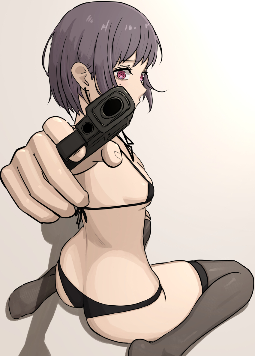 1girl, absurdres, aguxxxuu, aiming, aiming_at_viewer, ass, bikini, black_bikini, breasts, chainsaw_man, commentary, earrings, english_commentary, fami_(chainsaw_man), grey_hair, grey_thighhighs, gun, handgun, highres, holding, holding_gun, holding_weapon, jewelry, purple_eyes, ringed_eyes, sitting, small_breasts, solo, string_bikini, swimsuit, thighhighs, wariza, weapon