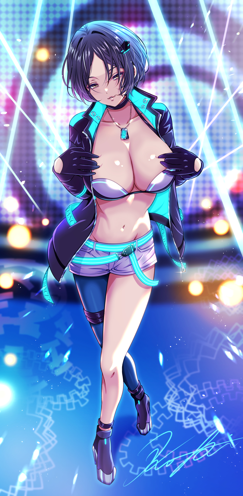 1girl, black_gloves, black_jacket, blue_hair, bra, breasts, collarbone, dance_on_the_galaxy_(idolmaster)