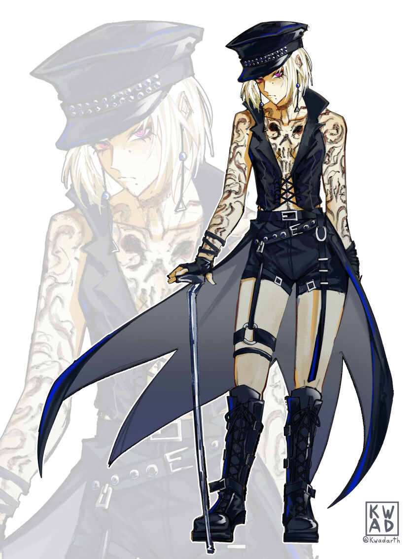 1girl, absurdres, alternate_costume, arm_tattoo, black_boots, black_gloves, black_hat, black_shorts, black_vest, boots, breasts, cane, chainsaw_man, chest_tattoo, cosplay, devil_may_cry_(series), fami_(chainsaw_man), fingerless_gloves, full_body, gloves, hat, highres, holding, holding_cane, kwadarth, looking_at_viewer, mole, mole_under_mouth, peaked_cap, red_eyes, short_shorts, shorts, small_breasts, solo, standing, tattoo, v_(devil_may_cry), v_(devil_may_cry)_(cosplay), vest, white_background, white_hair, zoom_layer