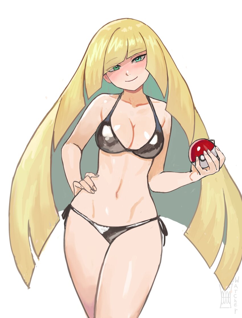 1girl, absurdres, artist_name, bare_arms, bare_shoulders, bikini, black_bikini, blonde_hair