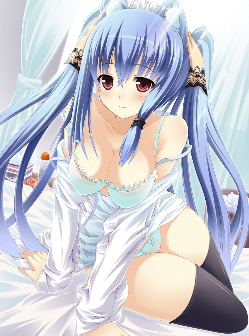 1girl, animal_ears, bra, breasts, cat_ears, cleavage, female_focus, hanging_breasts