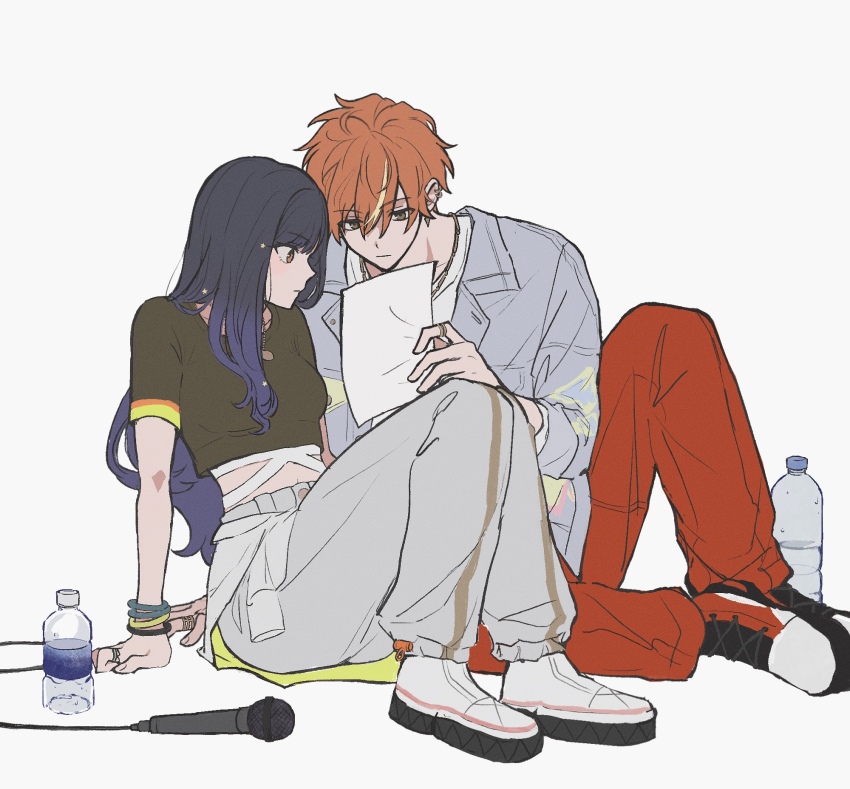 1boy, 1girl, arm_support, black_hair, blonde_streaks, blue_hair, bottle, bracelet, break_down_the_wall_(project_sekai), breasts, chain, chain_necklace, clothes_around_waist, cropped_shirt, denim, denim_jacket, gradient_hair, green_shirt, grey_pants, hair_ornament, highres, holding, holding_paper, jacket, jacket_around_waist, jewelry, knees_up, lapels, long_hair, long_sleeves, looking_at_object, male_focus, medium_breasts, microphone, midriff, multicolored_hair, multiple_bracelets, multiple_rings, navel, necklace, notched_lapels, official_alternate_costume, open_clothes, orange_hair, paint_stains, pants, paper, project_sekai, red_pants, ring, shiaknl, shinonome_akito, shiraishi_an, shirt, shoes, short_hair, short_sleeves, sidelocks, sitting, sleeves_rolled_up, star_(symbol), star_hair_ornament, streaked_hair, very_short_hair, water_bottle, white_background, white_shirt, white_shoes