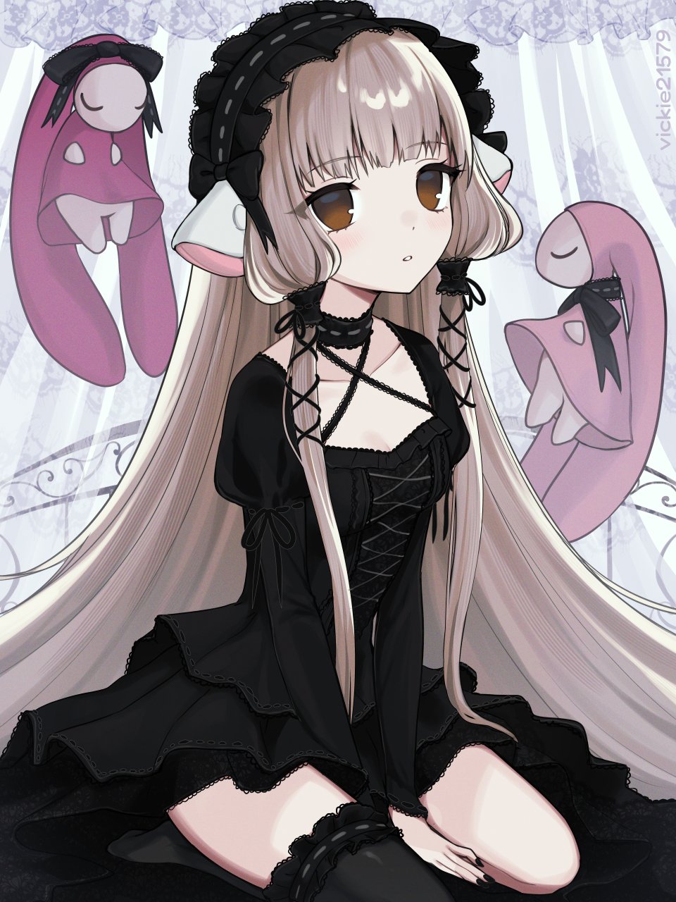 1girl, android, atashi_(chobits), between_legs, black_dress, black_ribbon, blonde_hair, blunt_bangs, brown_eyes, chii, chobits, creature, dress, frills, gothic_lolita, hair_tubes, hairband, hand_between_legs, highres, lolita_fashion, lolita_hairband, long_hair, long_sleeves, ribbon, robot_ears, robot_girl, seiza, sidelocks, sitting, solo, thighhighs, very_long_hair, vickie_(cryingrobot)