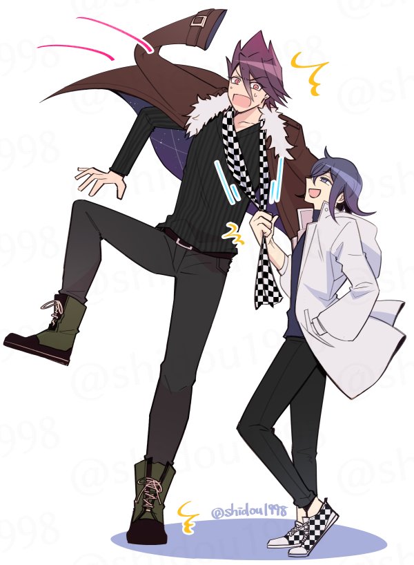 2boys, alternate_costume, black_pants, checkered_clothes, checkered_footwear, checkered_scarf, clothes_pull, coat_partially_removed