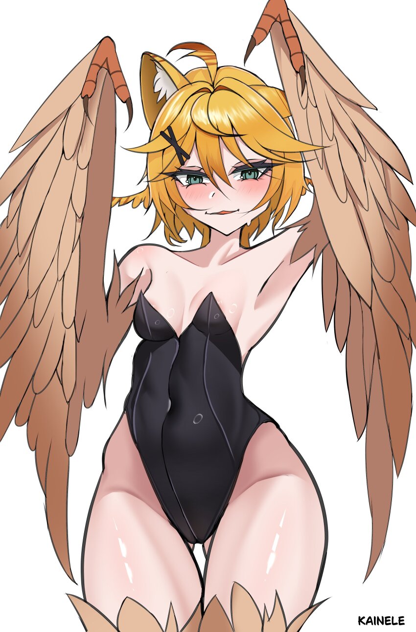 1girl, absurdres, ahoge, animal_ears, artist_name, bird_legs, black_leotard, blonde_hair