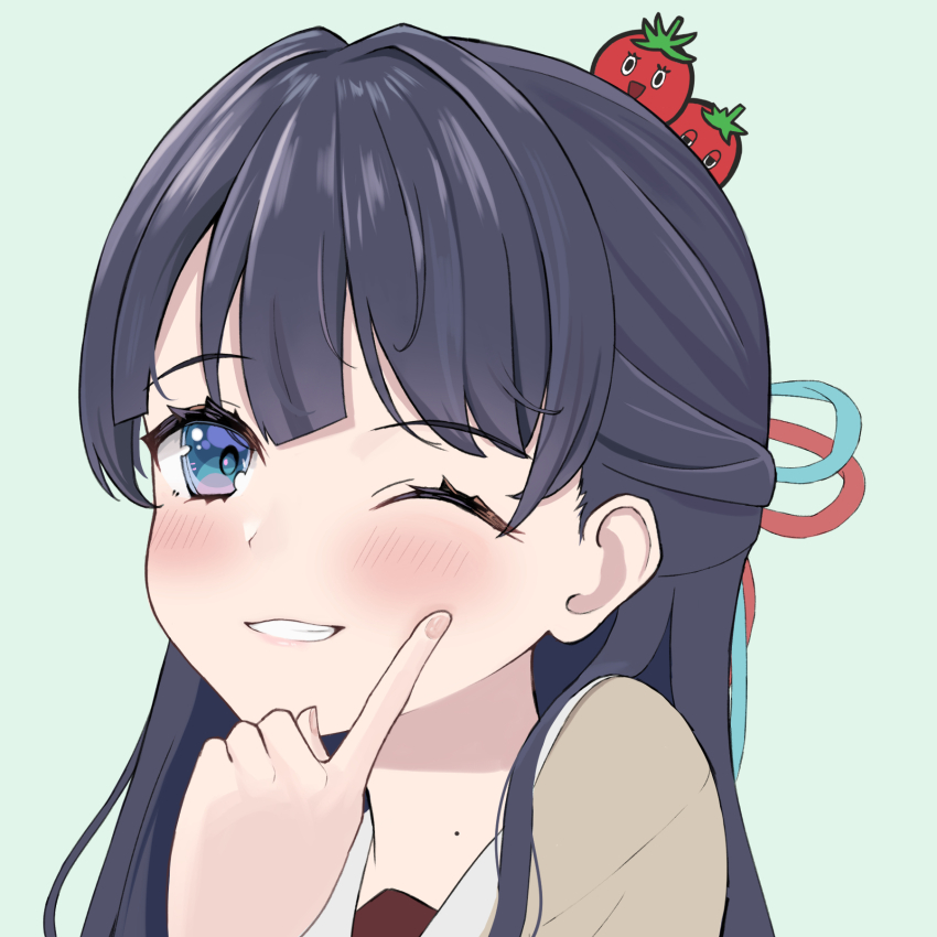 1girl, alt_text, asumi_dori, blue_eyes, blue_hair, blue_ribbon, blush, brown_cardigan