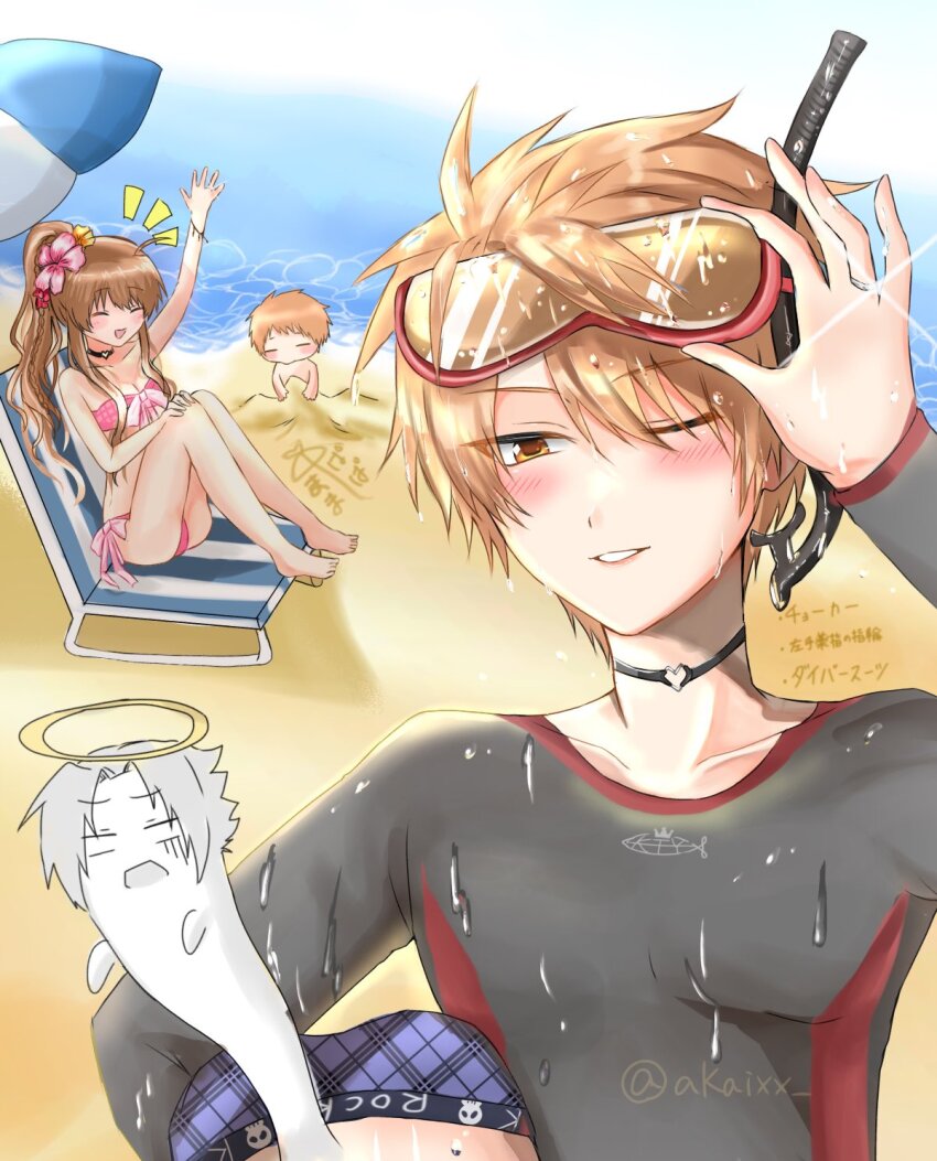 1girl, 3boys, :d, ^_^, adjusting_eyewear, aged_up, ai_ai_gasa, akaixx