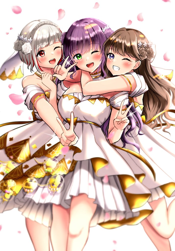 3girls, ;d, armpit_crease, arms_around_neck, bare_shoulders, blush, bob_cut, breasts
